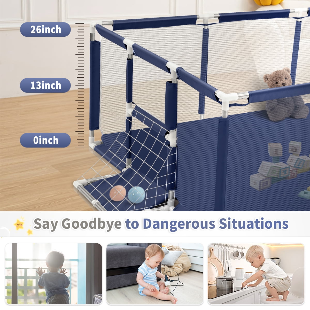 Baby Playpen, HDJ 71 inch Extra Large Baby Playard with Basketball Hoop and Breathable Mesh, Play Fence for Indoors Outdoors,Blue
