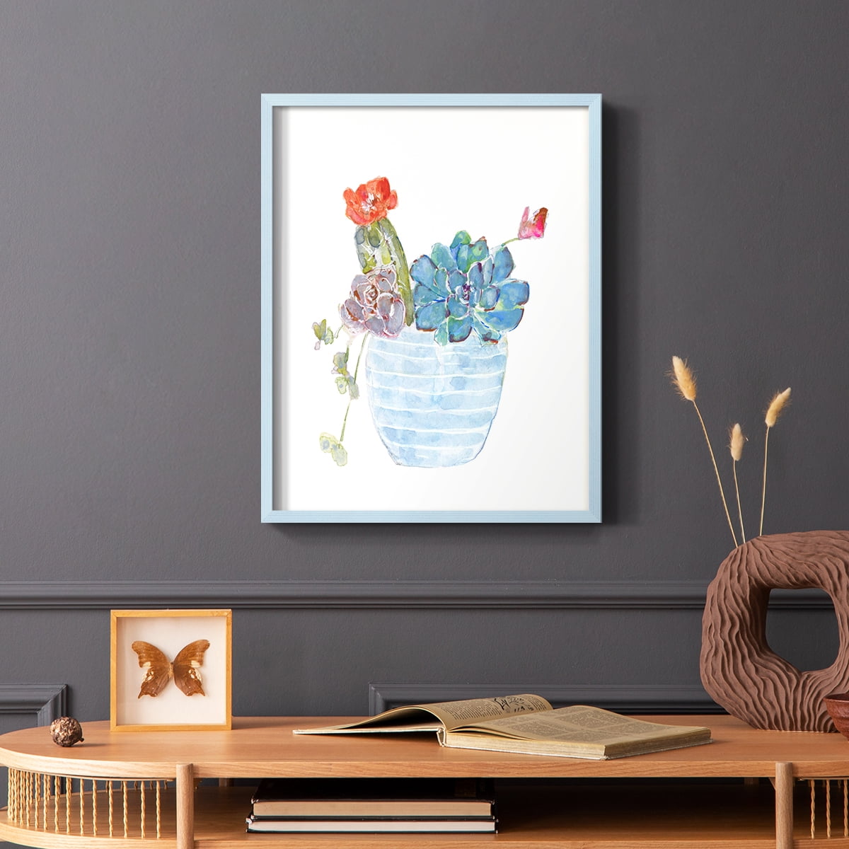 Cactus and Succulent Blooms I Framed Print in Blue Solid Wood Framed Print No Nail Hanging