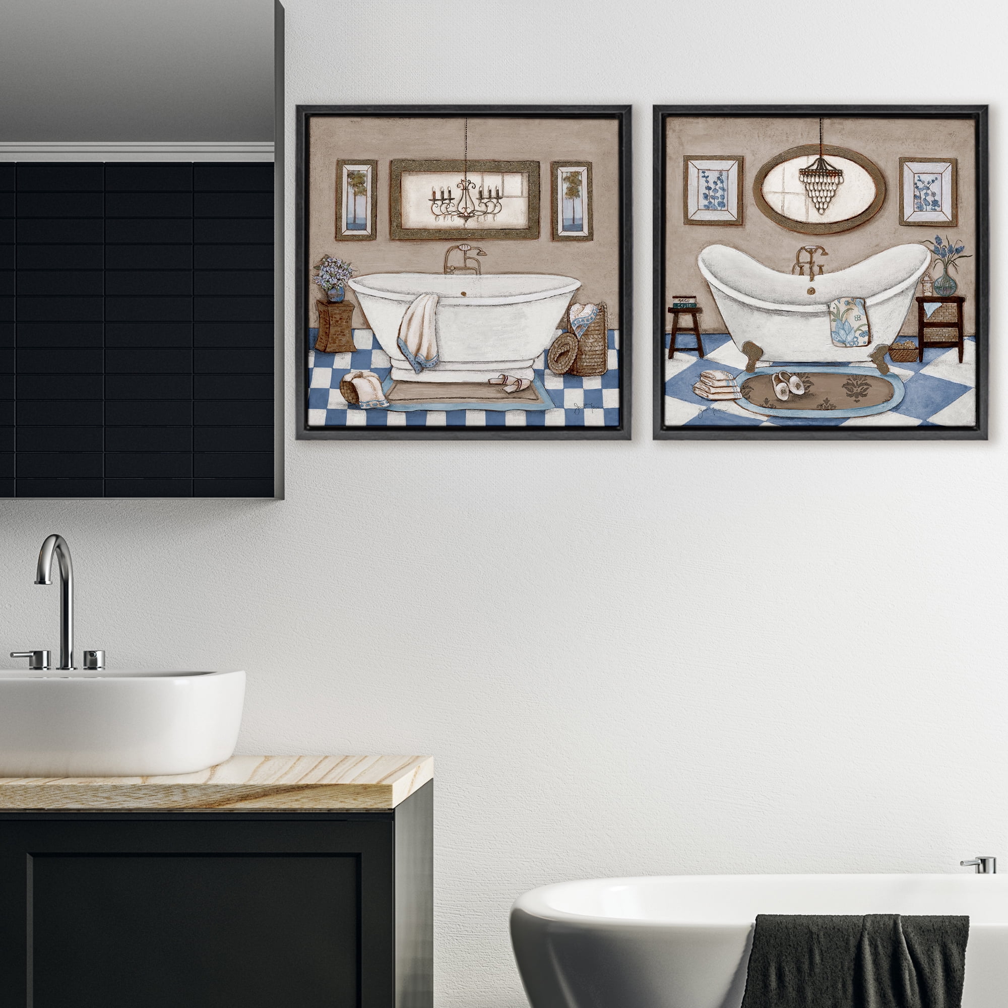 Stupell Industries Tiled Bathroom Views 2 Piece Black Framed Floater Canvas Set, design by Janet Tava