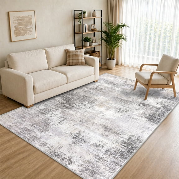 iOhouze Washable Rugs 6x9 Area Rugs for Living Room Bedroom Modern Abstract Indoor Rugs with Rubber Backing for Dining Room Office Playroom, Ash Grey/Beige