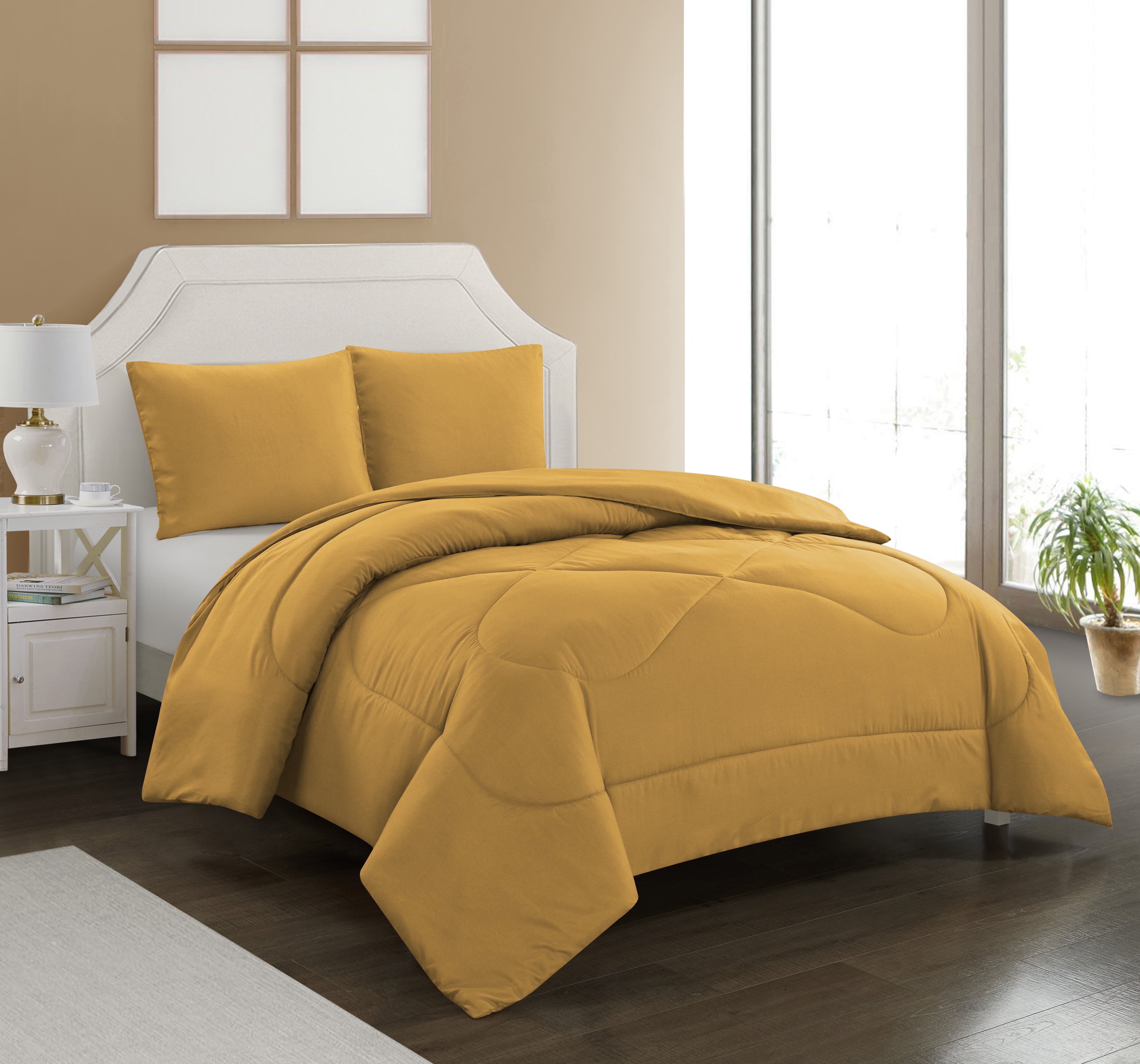 Lanco Matty Solid Print 3-Piece Comforter Set, Full Queen, Yellow