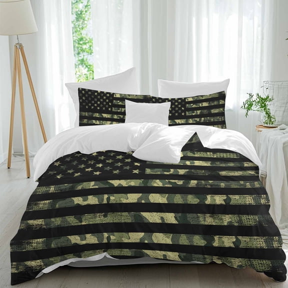 3 Piece Green Camouflage American Flag Duvet Cover Set Queen Size, Microfiber Comforter/Quilt Cover with Corner Ties and 2 Pillowcases, Wooden Grain All Season Soft Bedding with Zipper Closure
