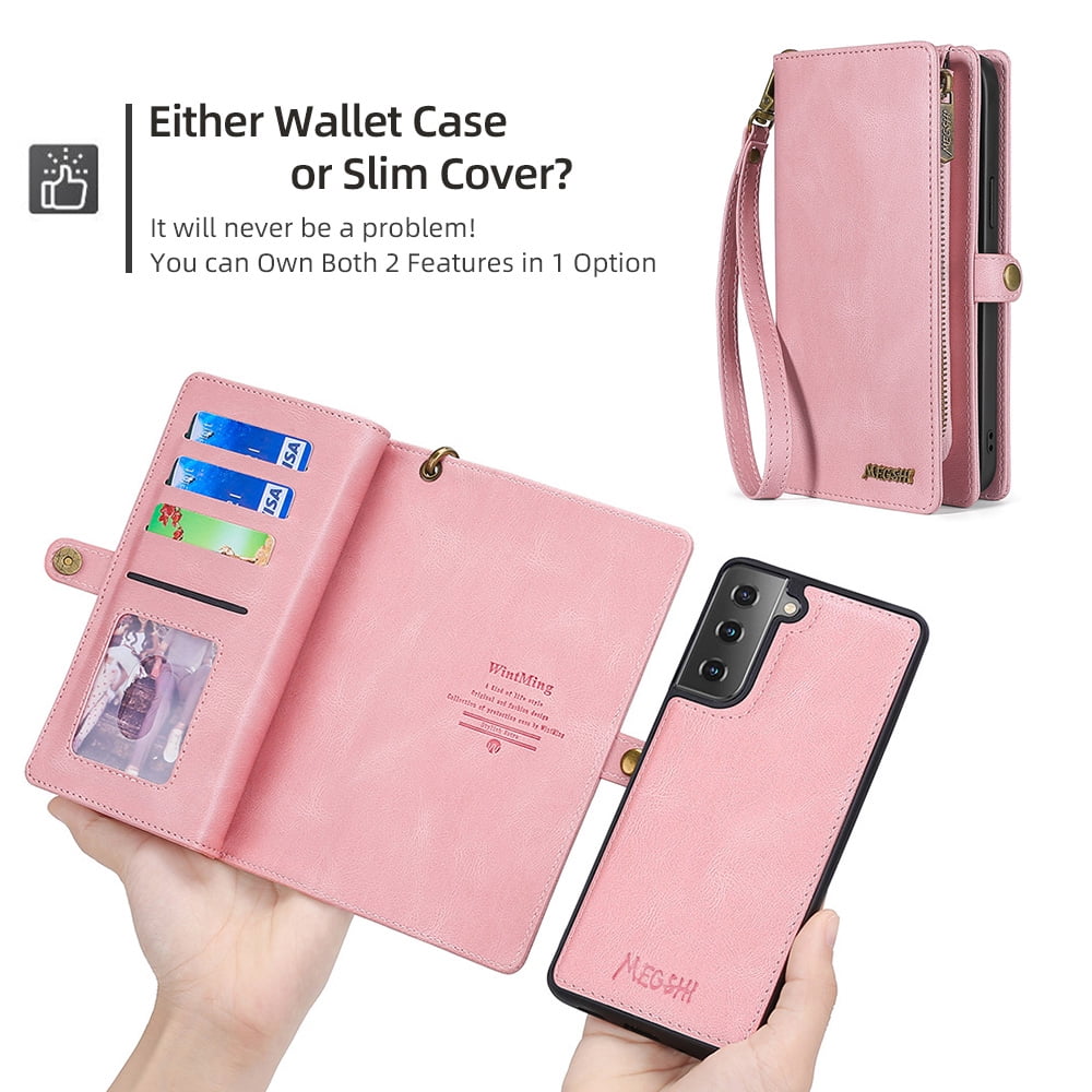 Allytech Case for Samsung S22 Cover for Galaxy S22 2022(6.1"), Durable PU Leather Magnetic Flip Lanyard Wristlet Strap Zipper Card Holder Phone Wallet Case for Galaxy S22 [5G], Pink