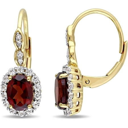 Tangelo 2-3/4 Carat T.G.W. Garnet, White Topaz and Diamond-Accent 14kt Yellow Gold Vintage Halo Leverback Earrings