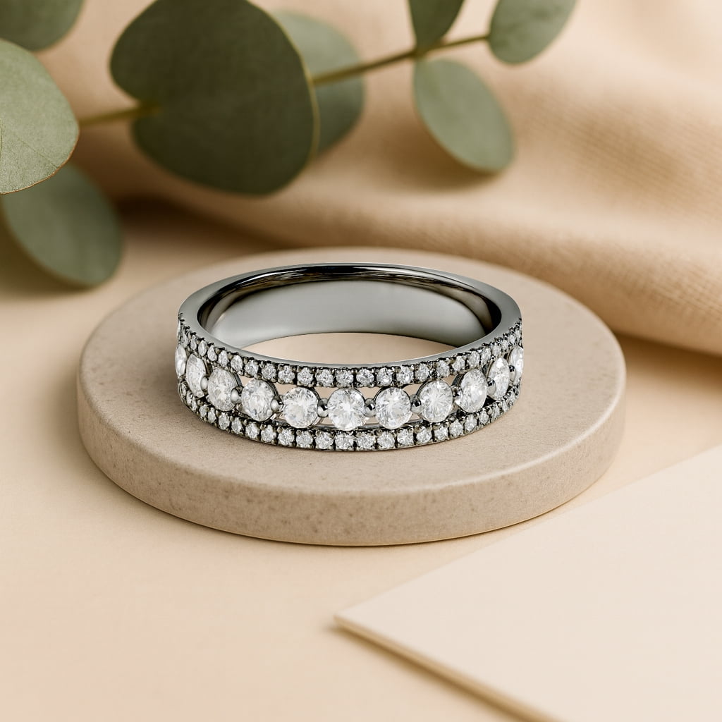 JeenMata Double Pave - 0.75 Carat Round Brilliant Cut Moissanite - Eternity Anniversary Ring - 18K Black Gold Plating for Women