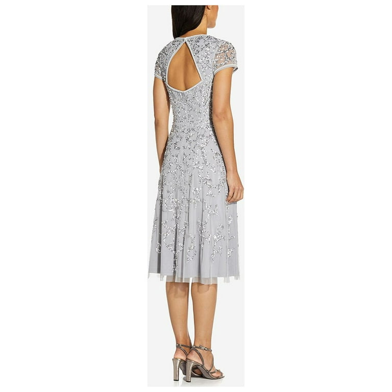 ADRIANNA PAPELL Womens Silver Embellished Zippered Cap Sleeve