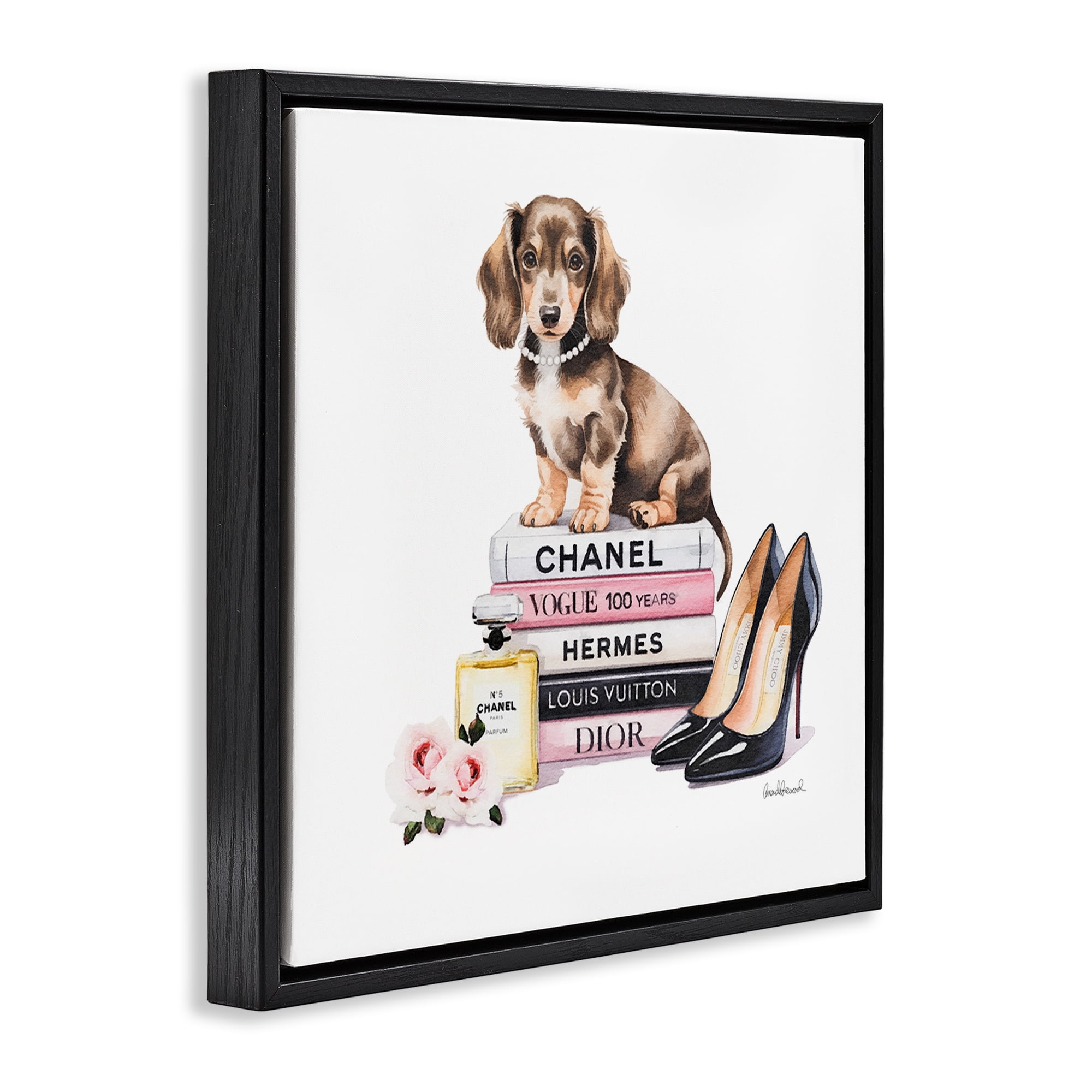 Stupell Industries Luxury Fashion Books & Dog Black Framed Floater Canvas Wall Art, design by Amanda Greenwood