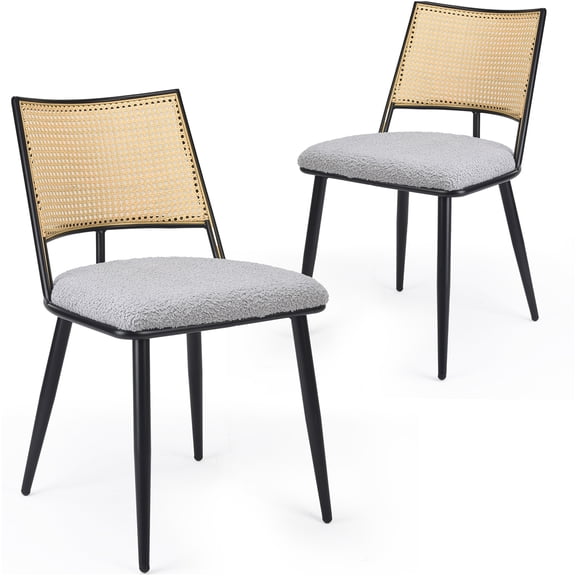 JERFIT Mid-Century Modern Dining Chairs Set of 2, Rattan Back Kitchen Chairs with Plush Boucle Upholstery and Sturdy Metal Frame for Dining Room and Kitchen, Light Grey