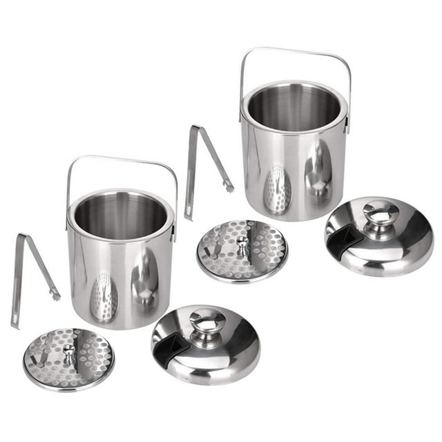 2X Conteneur à Glace Carré en Acier Inoxydable Double Paroi 1.3L avec Couvercle à Pinces