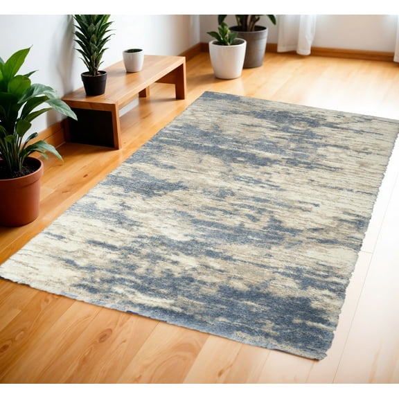 4' X 6' Light Blue Gray and Beige Abstract Shag Area Rug
