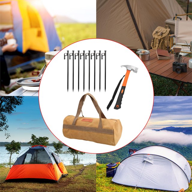 Kit de estacas de acero al carbono para carpas, 8 anclajes de cabeza plana para carpas y toldos, bolsa de almacenamiento de lona portátil profesional. 25 centímetros