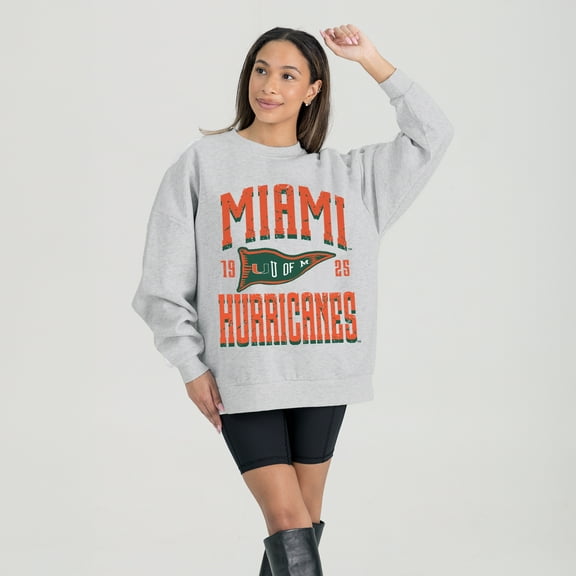 Women's Gameday Couture Ash Miami Hurricanes Oversized Pennant Pride Premium Fleece Sweatshirt