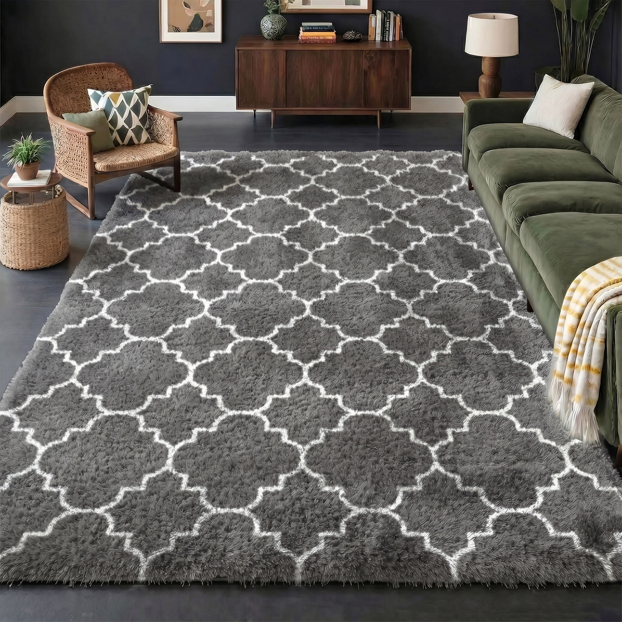 Pentantan Shag Area Rug, 8ft x 10ft Geometric Soft Fluffy Rugs for Living Room Bedroom Indoor Carpet, Gray & White