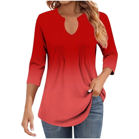 Women's Casual Tops Print 3/4 Sleeve V-Neck Striped Pleated Casual Pullover Tunic Tops Blouse Loose T-Shirt (L, Orange A)
