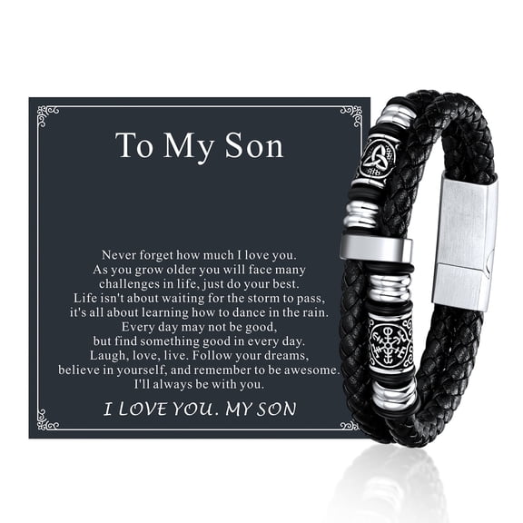 FaithHeart Viking Bracelet for Men with To My Son Card, Mens Double-Row Braided Leather Bracelets Stainless Steel Clasp Compass Bangle Vintage Norse Jewelry Gifts for Son Birthday Christmas 7.5"