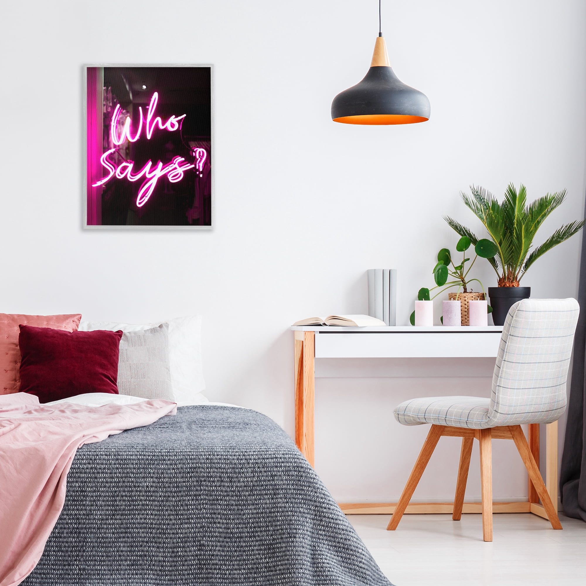 Stupell Industries Pink Neon Who Says Typography Painting Gray Framed Art Print Wall Art, 24 x 30