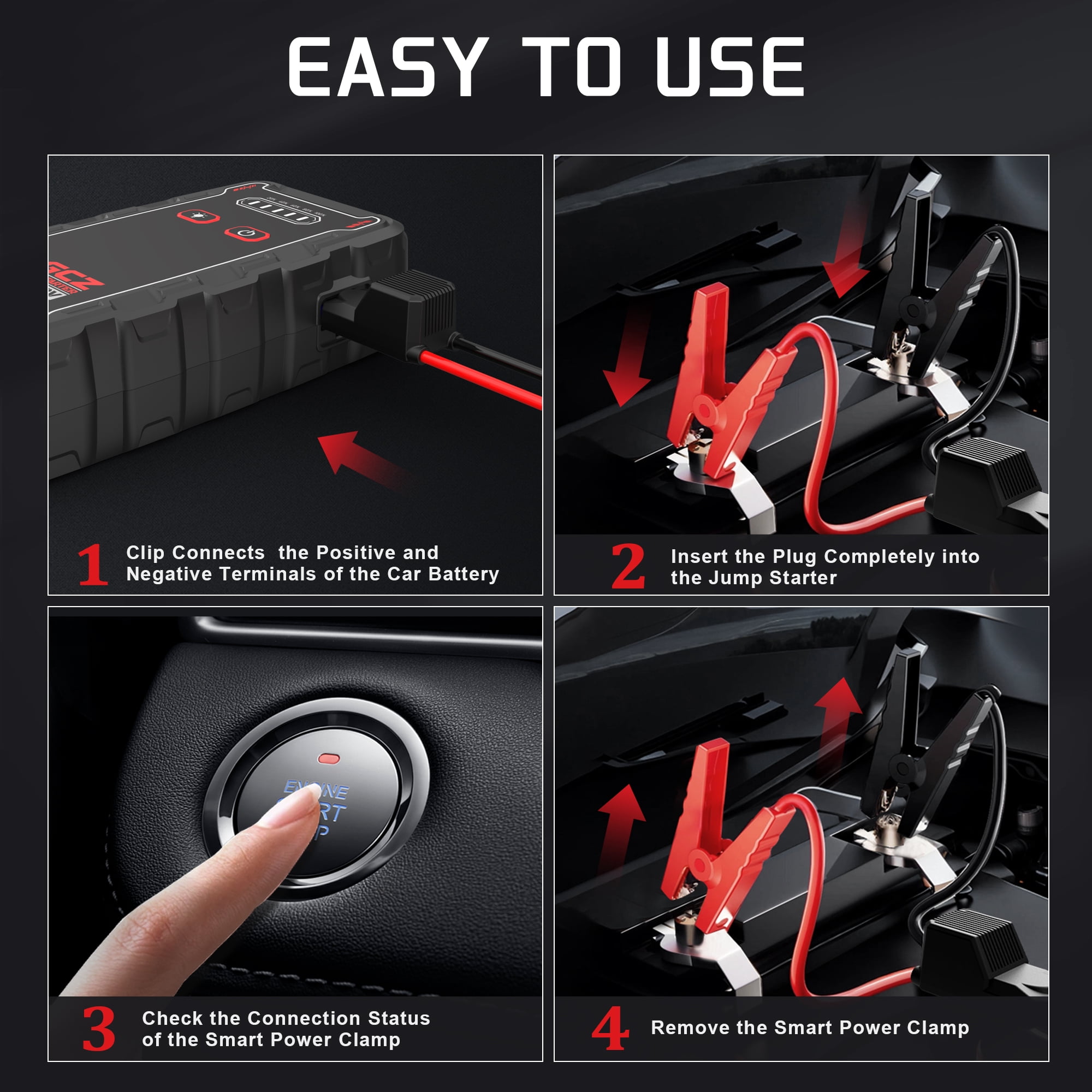 GCZ 2000A Car Jump Starter, Portable Jump Box for Trucks, SUVs & Cars, 12V Battery Booster for Up to 8.0L Gas & 6.0L Diesel Engines, 12000mAh Power Bank with LED Light