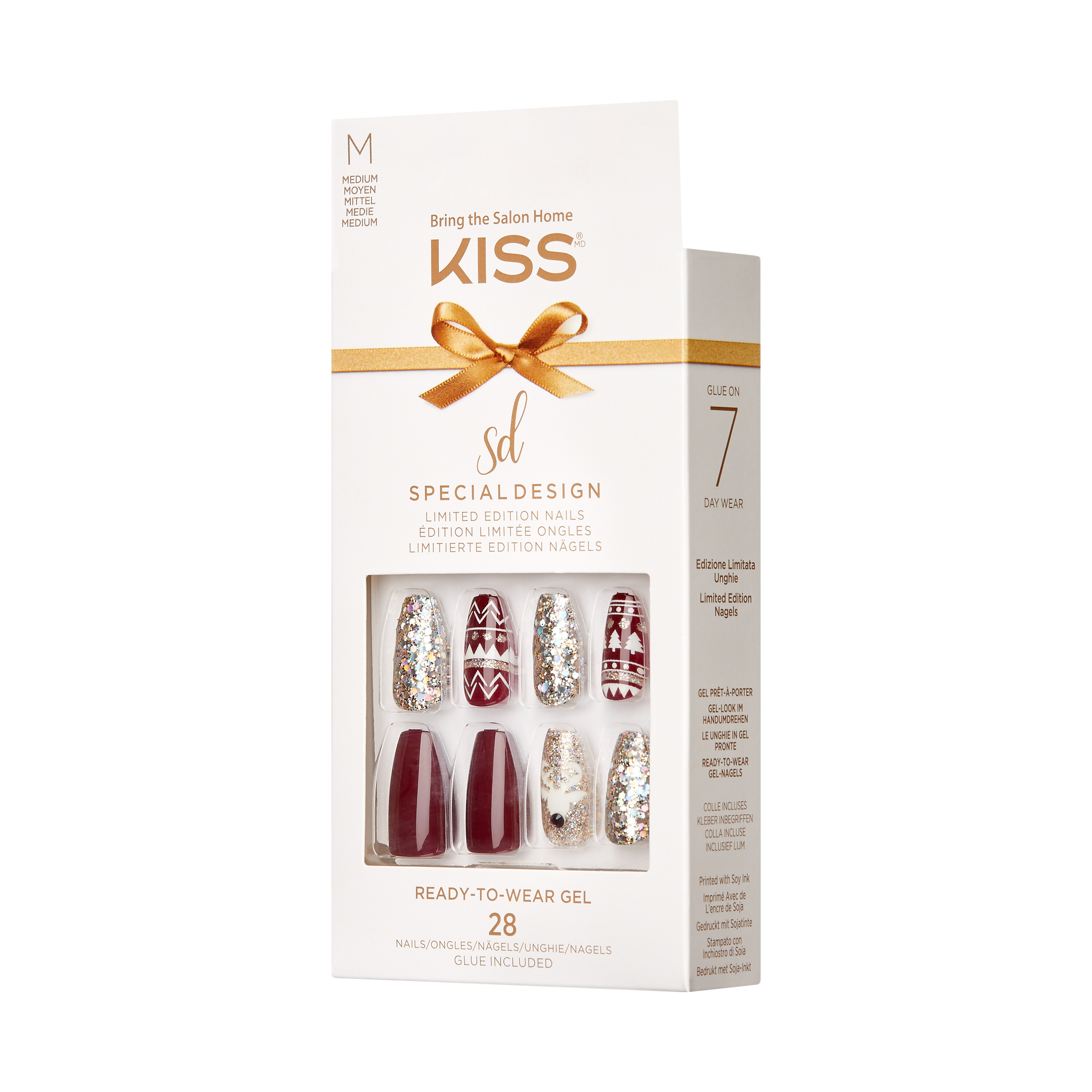 KISS Special Design Limited Edition Medium Coffin Holiday Fake Nails, Wine, 28 Pieces
