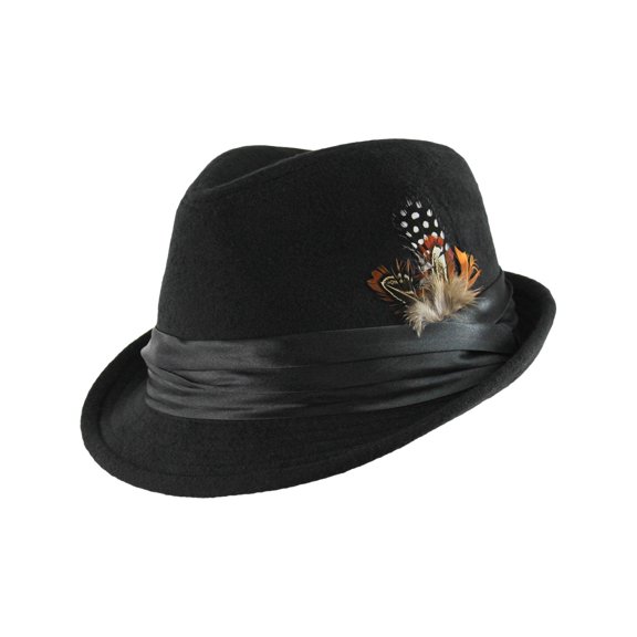 Black Wool Felt Fedora Hat With Feather Trim