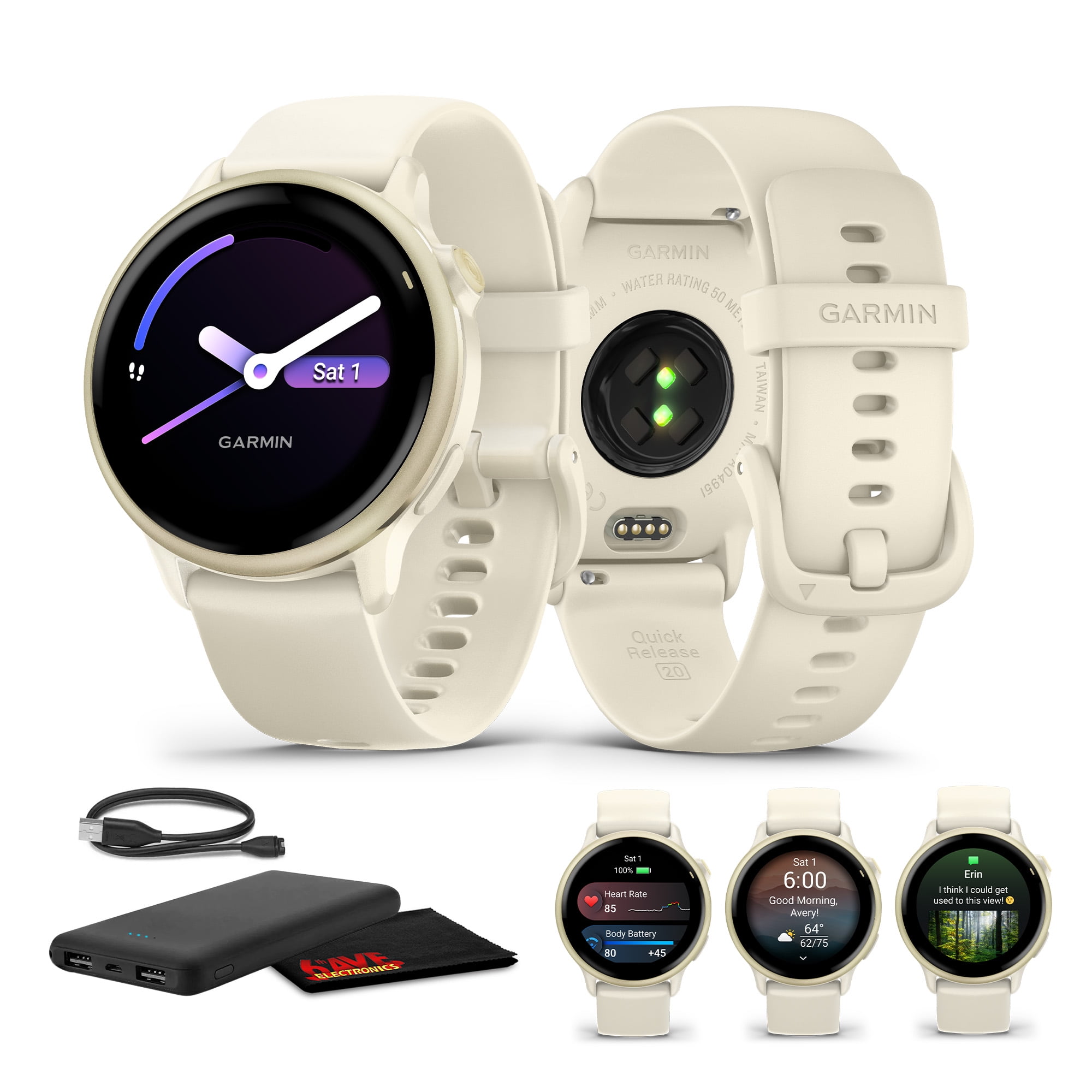 Garmin Vivoactive 6 Fitness GPS Smartwatch AMOLED Display Lunar Gold with Bone Silicone Band, 11-Day Battery, 80+ Sports Modes, Activity Tracking Smart Features, Music, Contactless Payments Bundle