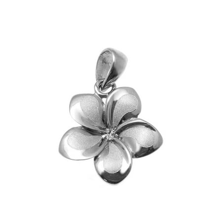 - 13mm Solid 14k white gold Hawaiian fancy tropical plumeria flower charm pendant