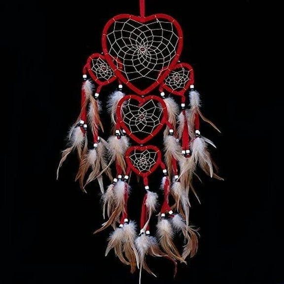 kuabohui Large Handmade Red Dream Catcher Five hearts Traditional Dreamcatcher Feather Wall Hanging Decor,Christmas Thanksgiving Gift