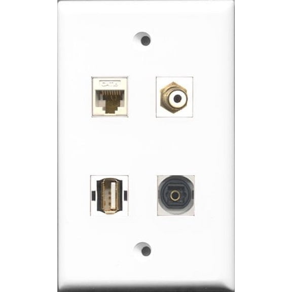RiteAV 1 Port RCA White and 1 Port USB A-A and 1 Port Toslink and 1 Port Cat6 Ethernet White Wall Plate