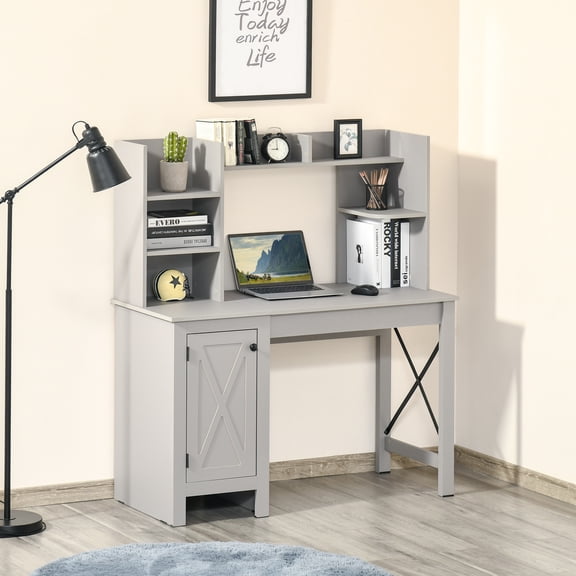 Computer Desk with Hutch & Storage Cabinet – 2-in-1 Home Office Desk with Shelves, X-Brace Barn Door Design, Light Grey