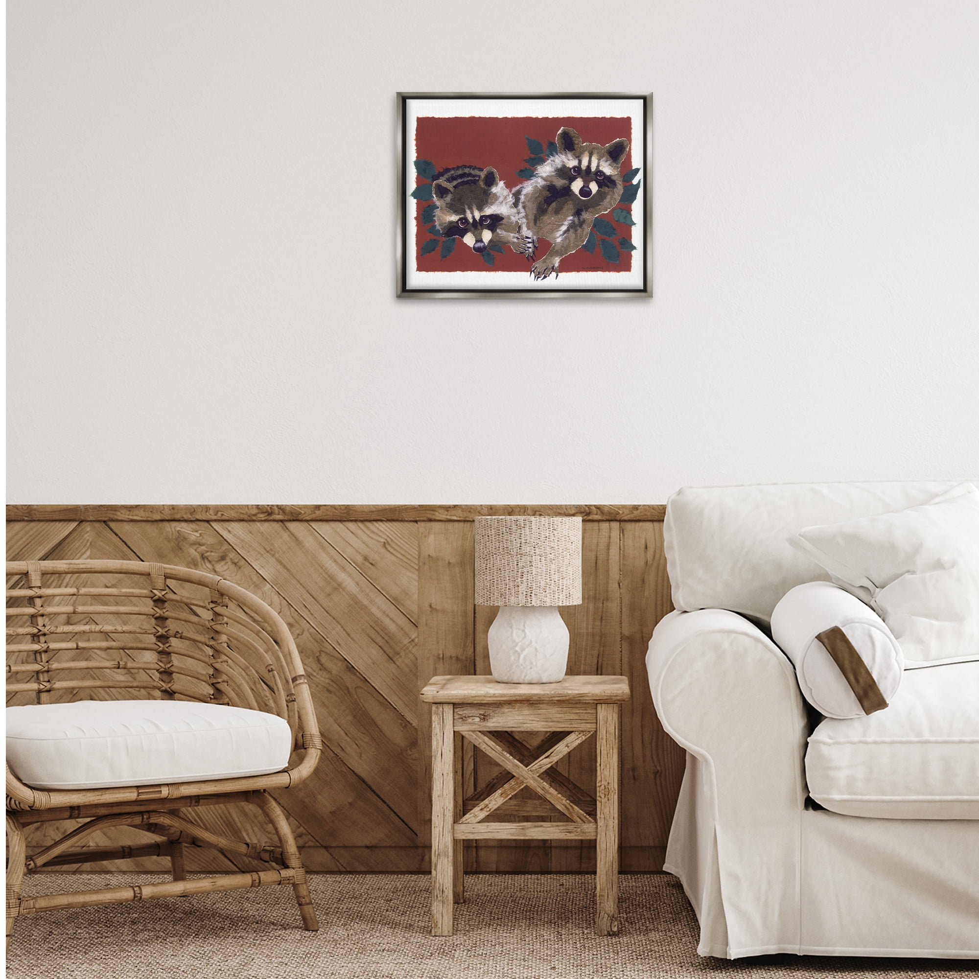 Stupell Industries Two Raccoons & Leaves Animals & Insects Painting Gray Floater Framed Canvas Art Print Wall Art, 21 x 17