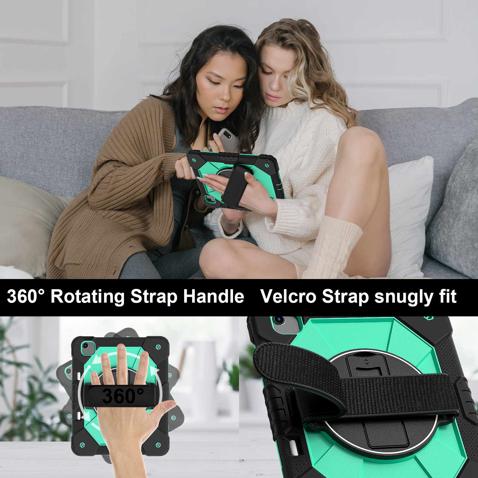 Dteck Case for iPad Air 13 inch 2025/2024 (M3/M2) with Pencil Holder, Shockproof Silicone + PC 3 Layer Protection Case Heavy Duty 360° Rotating Hand Strap Kickstand Cover,Black+Mint