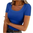 thumbnail image 2 of Delliss Women's Solid Color Square Neck Ribbed Knitted Short Sleeve Slim Fit T-shirt Loose Top, 2 of 5