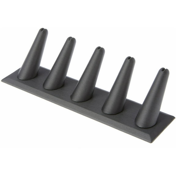 Plymor Gray Faux Leather Ring Finger Display, Five on Rectangular Base, 8" W x 2.125" D x 2.5" H