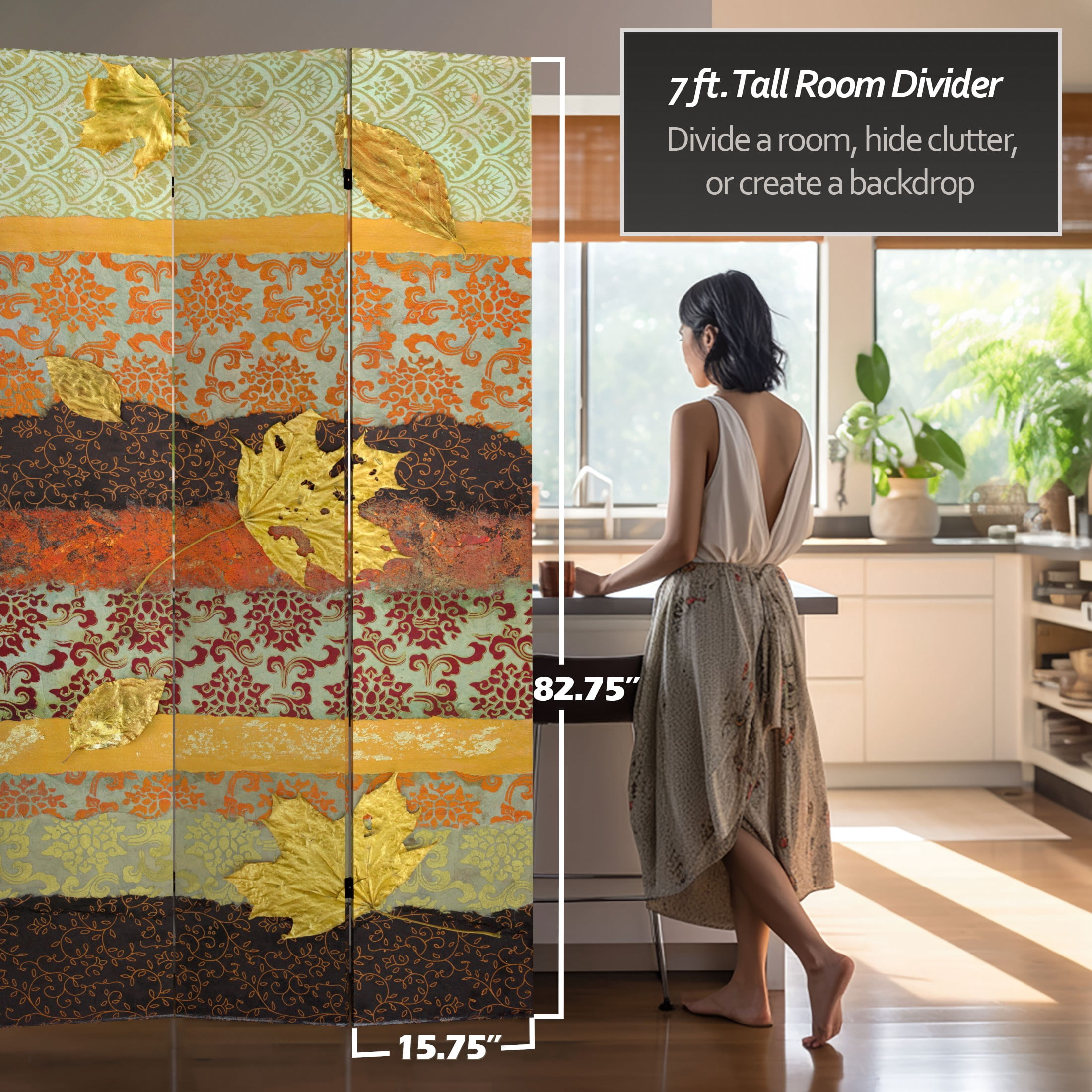 7 ft. Tall Double Sided October Gold Canvas Print Floor Screen Room Divider