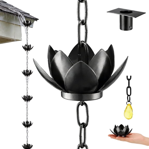 MQHUAYU Lotus Rain Chain with Adapter, 8.5ft Adjustable Durable Heavy Duty Gutter Rain Chains, Modern Leaf Rainchains for Gutters Outside Downspout,Black