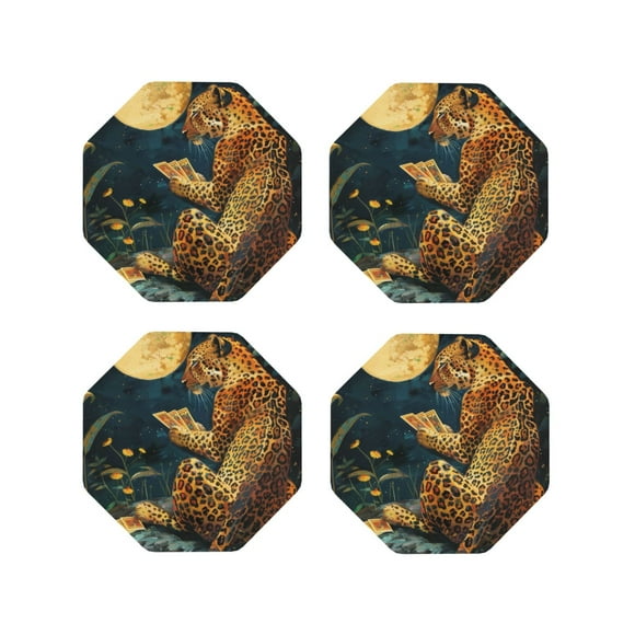 Cauagu Leopard Reading Tarot Cards for Coasters for Drinks Leather Coasters Set of 4 for Coffee Table for Housewarming Kitchen Bar Decor-Octagon