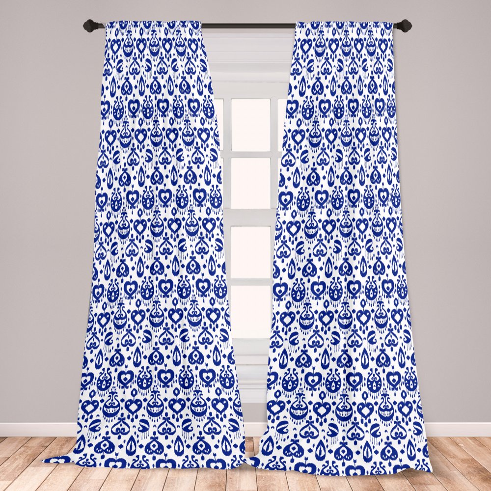 Navy Blue Curtains 2 Panels Set, Traditional Ikat Pattern Retro Style