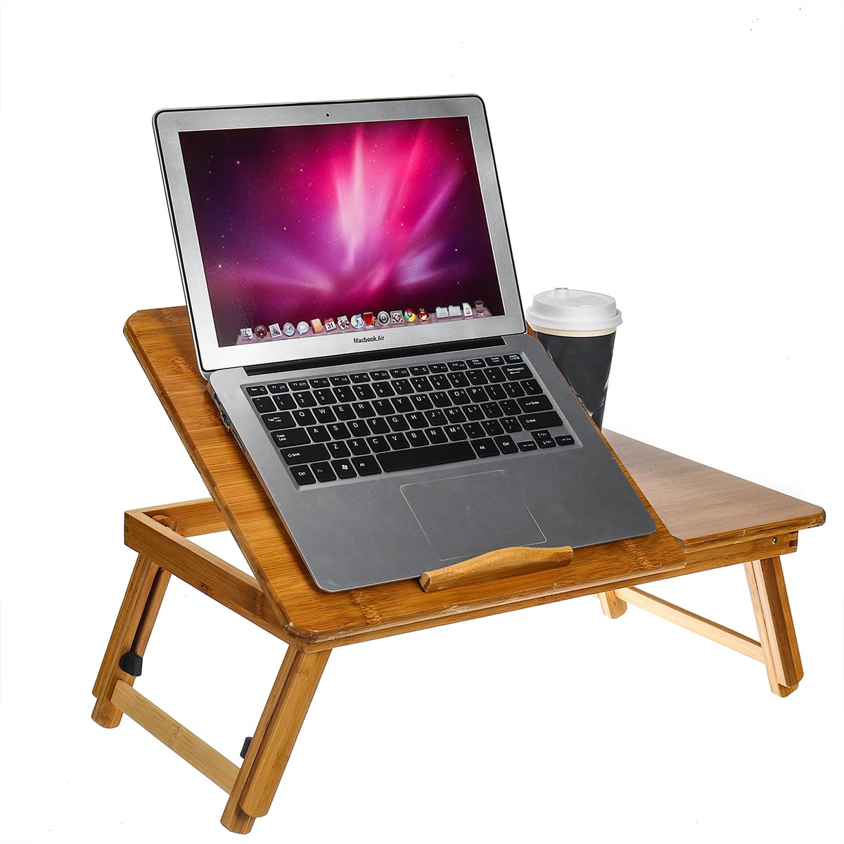 Dingji Bamboo Adjustable Laptop Desk Breakfast Serving Bed Tray w Tilting Top Drawer 