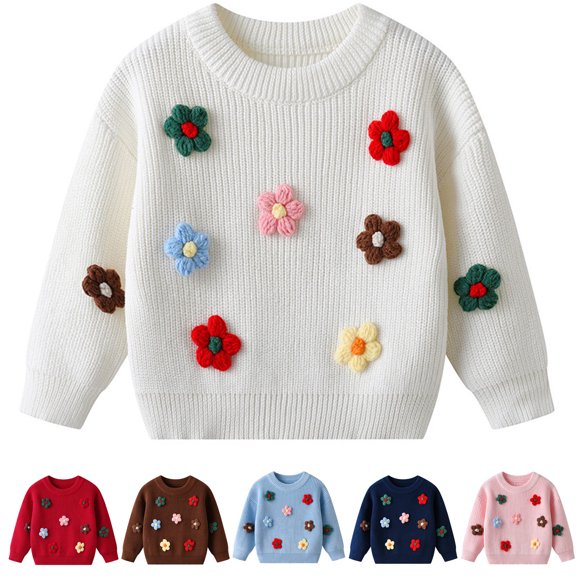 Fozruso Girl's Floral Crew Neck Sweater Long Sleeve Drop Shoulder Knitwear Cozy Pullover Top,Blue
