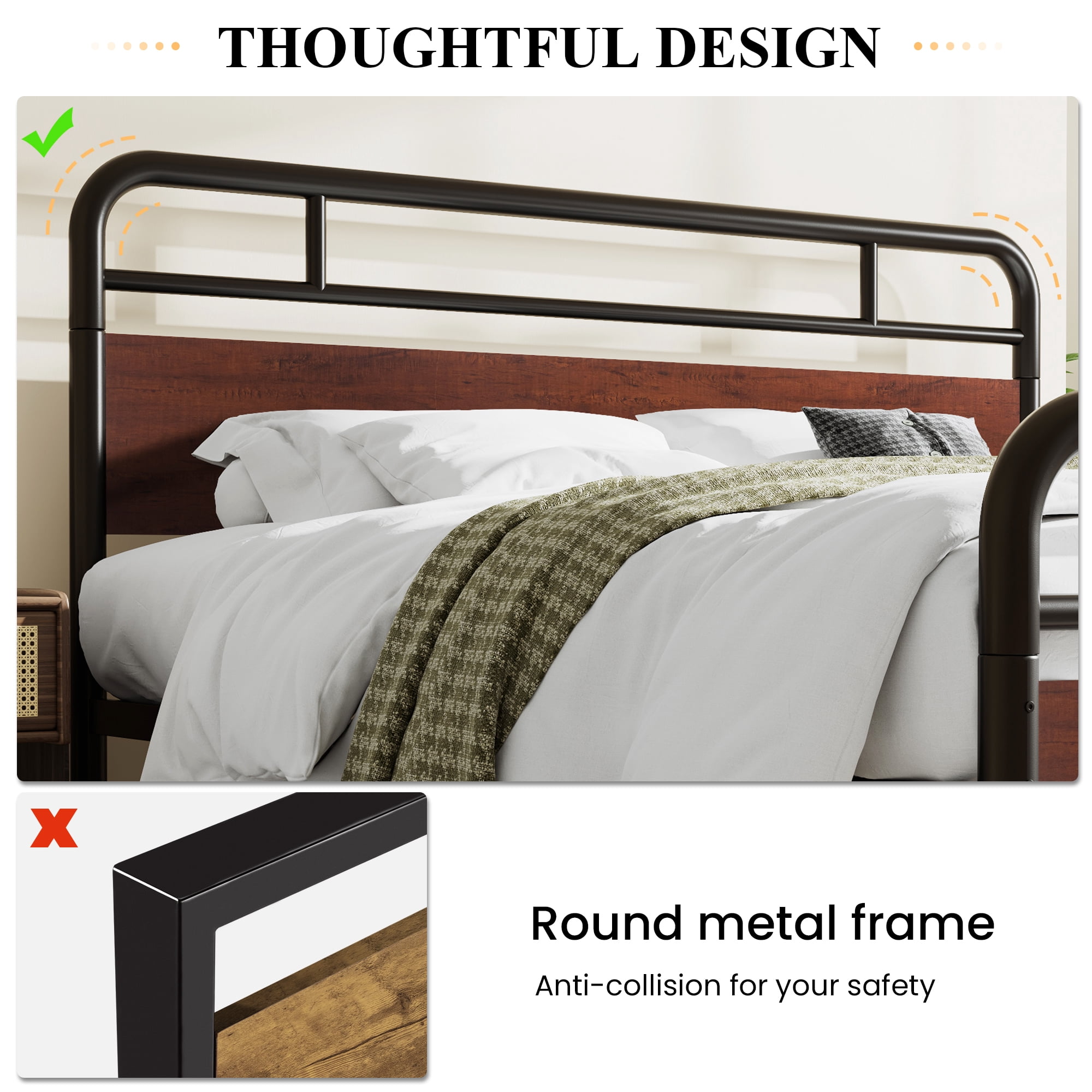 Sha Cerlin Dark Brown King Size Metal Platform Bed Frame with Industrial Heavy Duty Wooden Headboard
