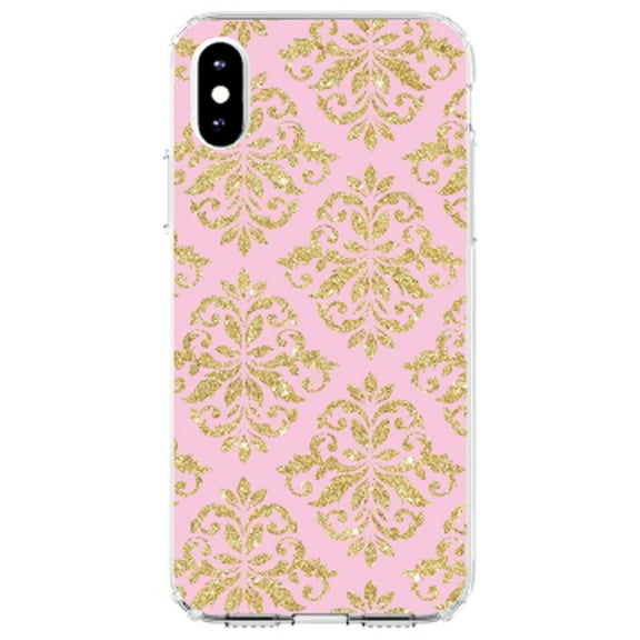 DistinctInk Clear Shockproof Hybrid Case for iPhone X / XS (5.8" Screen) - TPU Bumper, Acrylic Back, Tempered Glass Screen Protector - Pink & Gold Print - Damask Pattern