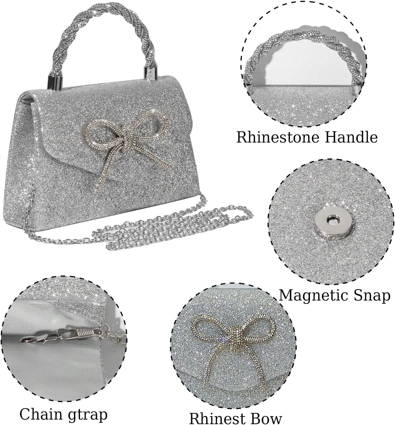 Women Evening Bag Sparkly Bow Clutch Purses Wedding Glitter Rhinestone Clutch Bags Dressy Handbags for Party, Prom