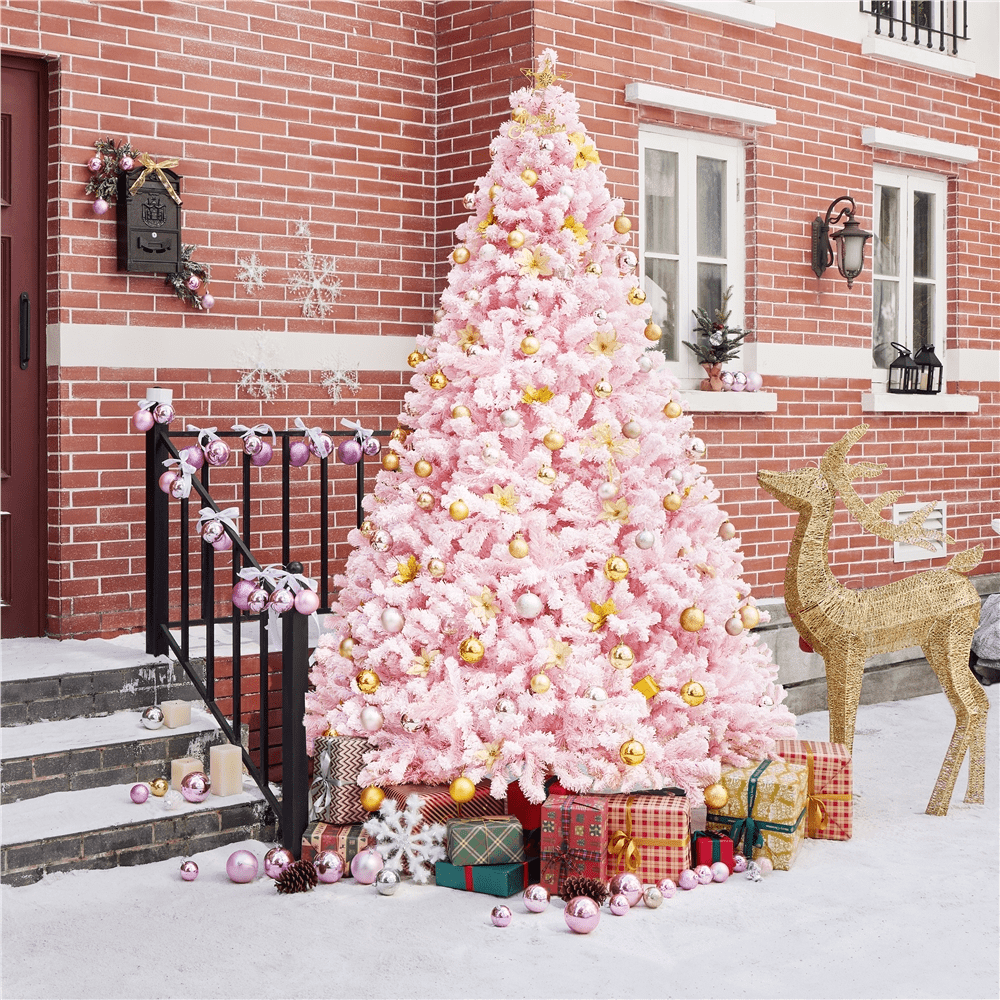Renwick 9Ft Pre-lit Flocked Artificial Christmas Tree with Foldable Stand, Pink