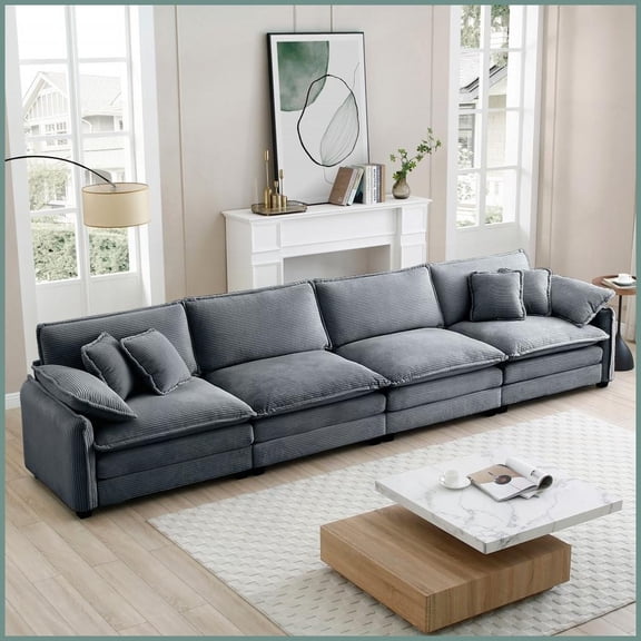 Modern 4-Seater Corduroy Sofa with 6 Pillows - Retro-Chic Upholstered Couch for Living Room Office Apartment