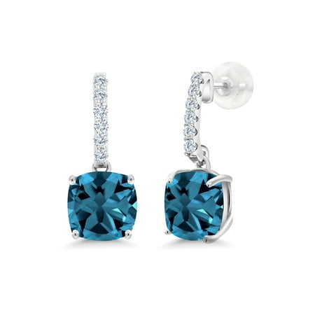 Cushion Cut Blue Topaz Earrings - 5.67 Ct Cushion London Blue Topaz I/J Lab Grown Diamond 10K White Gold Earrings