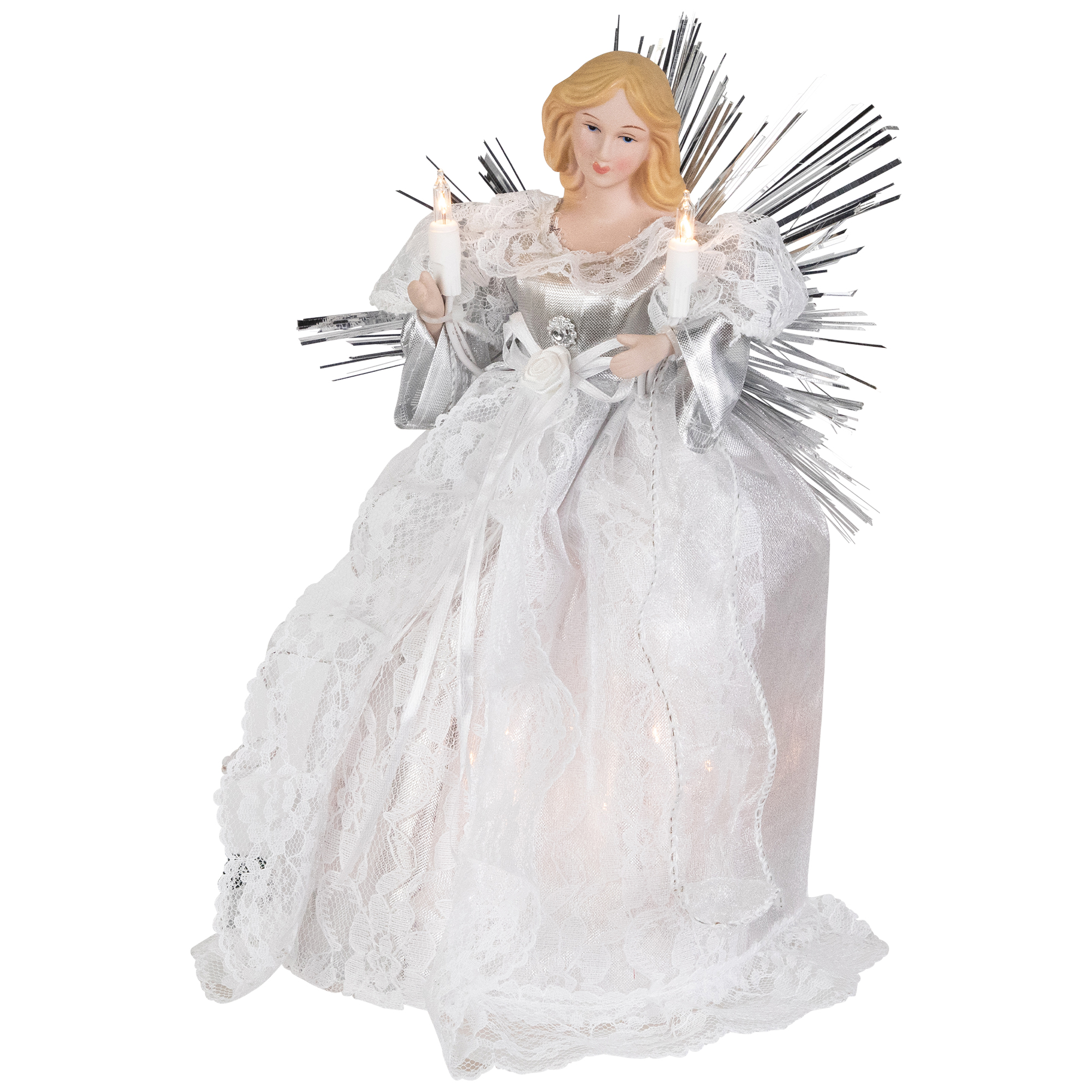 Northlight Lighted Angel with Candle Christmas Tree Topper - 10.5” - Silver - Clear Lights