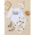 thumbnail image 3 of Yunliwuli Baby Girls Boys Fall Outfits Letter Chick Print Long Sleeve Rompers Rooster Hen Print Long Pants Hat 3Pcs Clothes Set, 3 of 10