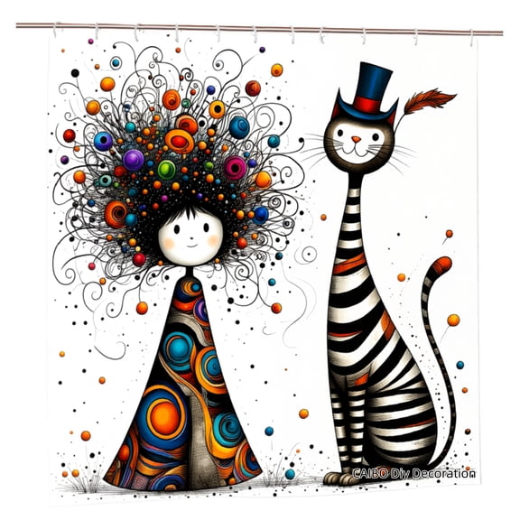 Joocen Colorful Whimsical Girl And Cat Polyester Shower Curtain For Home Bathroom Bath Tub Decoration 72x72 inch