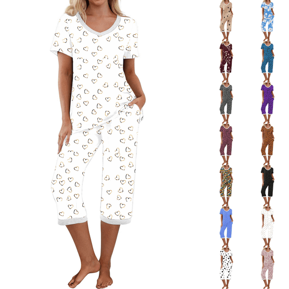 Asgosdo Summer Pajamas for Women Short Sleeve Sleepwear Tops and Capri Pants Pjs Print Pajama Sets