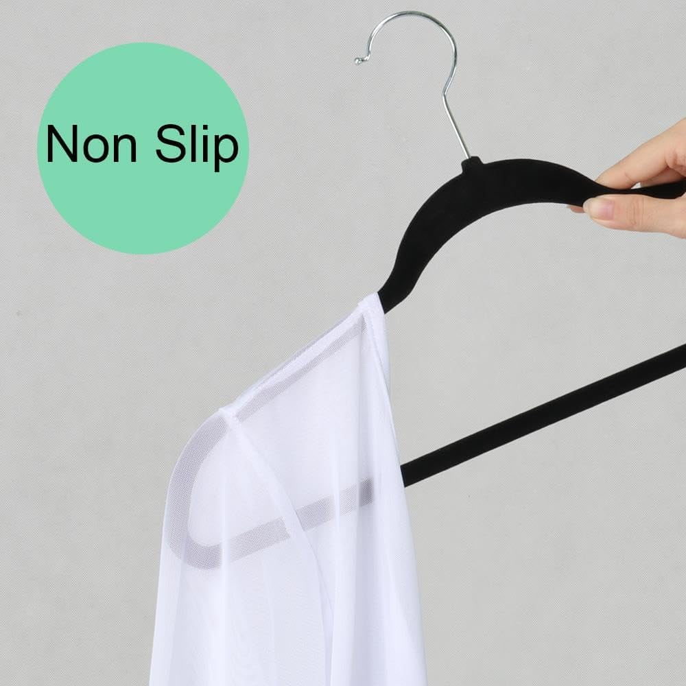 CHTER 100 Pack Non Slip Velvet Hangers Heavy Duty Flocked Coat Suit Hangers Space Saving Clothes Racks with 360° Swivel Hook, Black