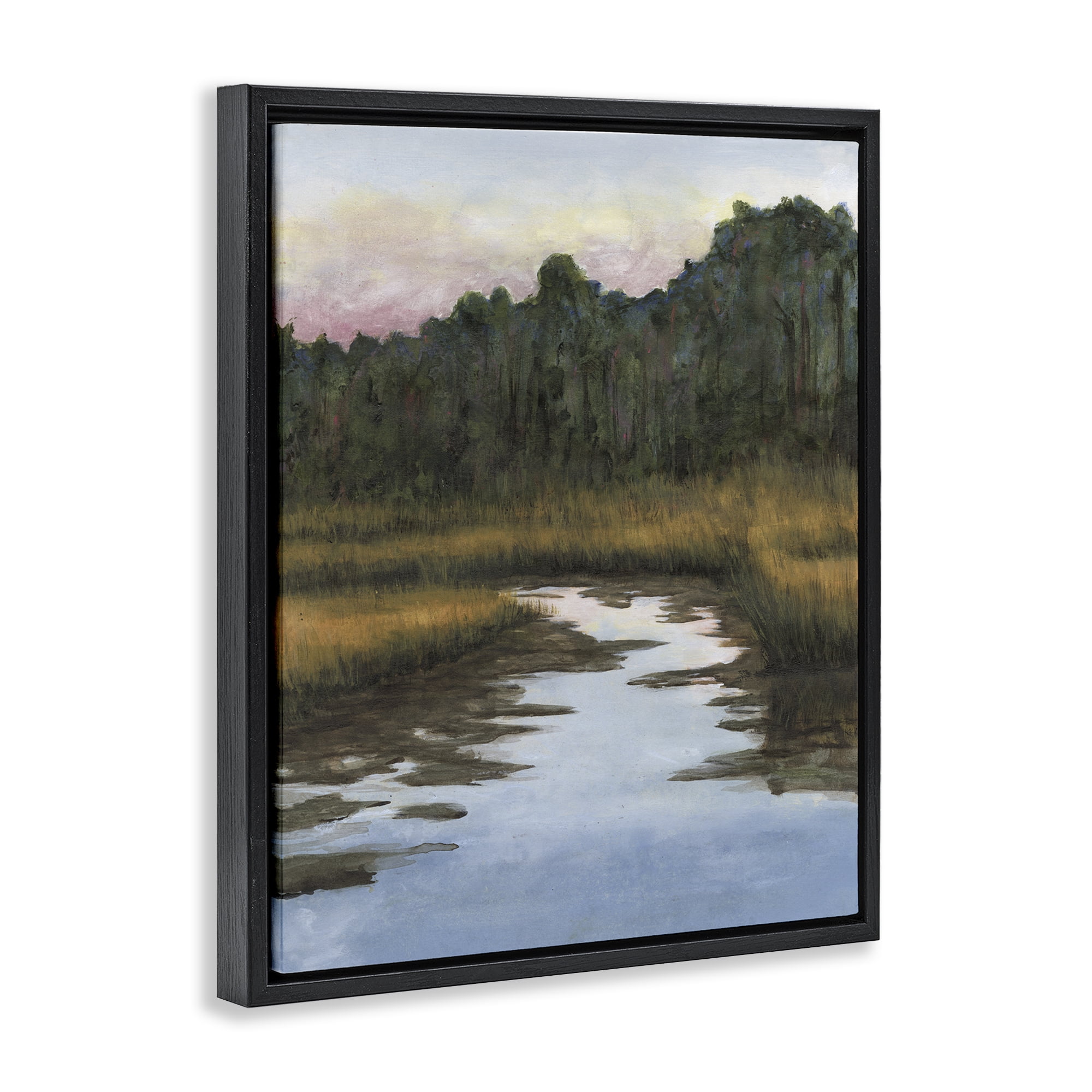 Stupell Industries Peace Stream in Nature Landscape & Nature Painting Black Floater Framed Canvas Art Print Wall Art, 17 x 21